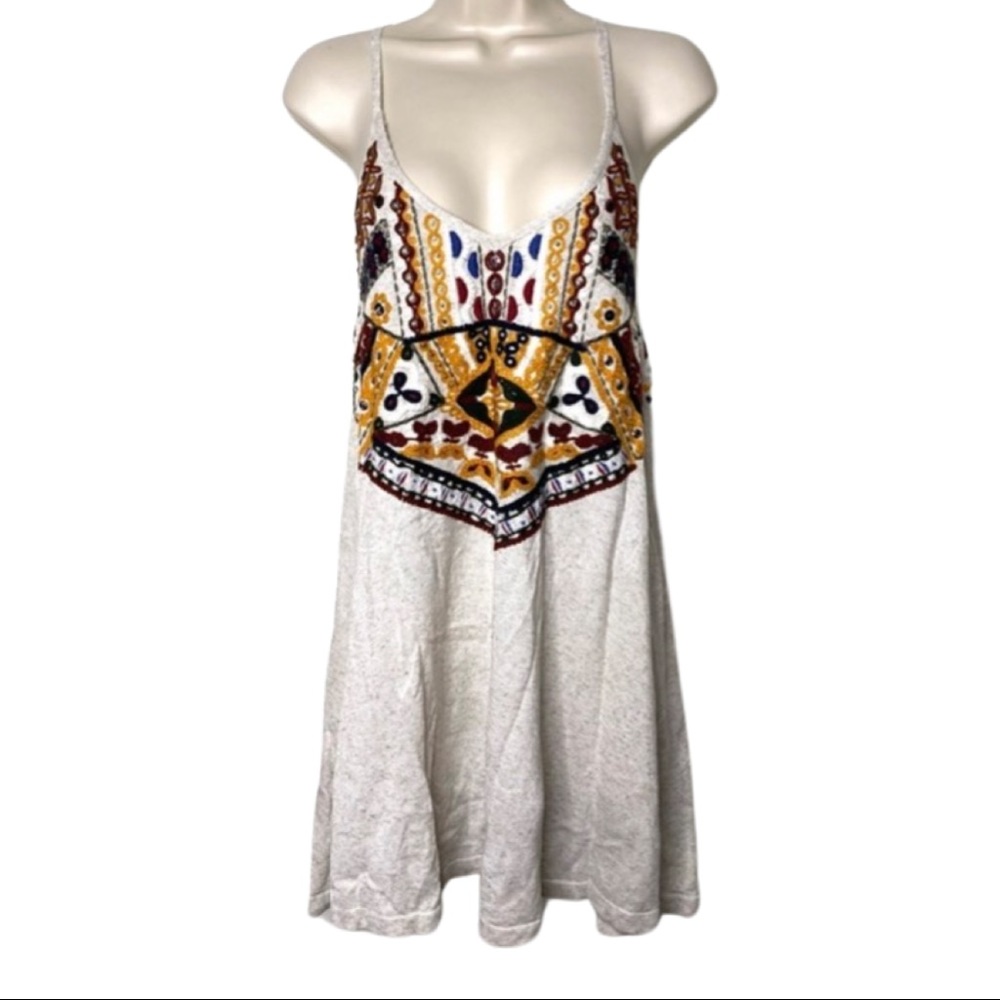 Zara Knit new embroidered beaded dress crossed straps back ethic print